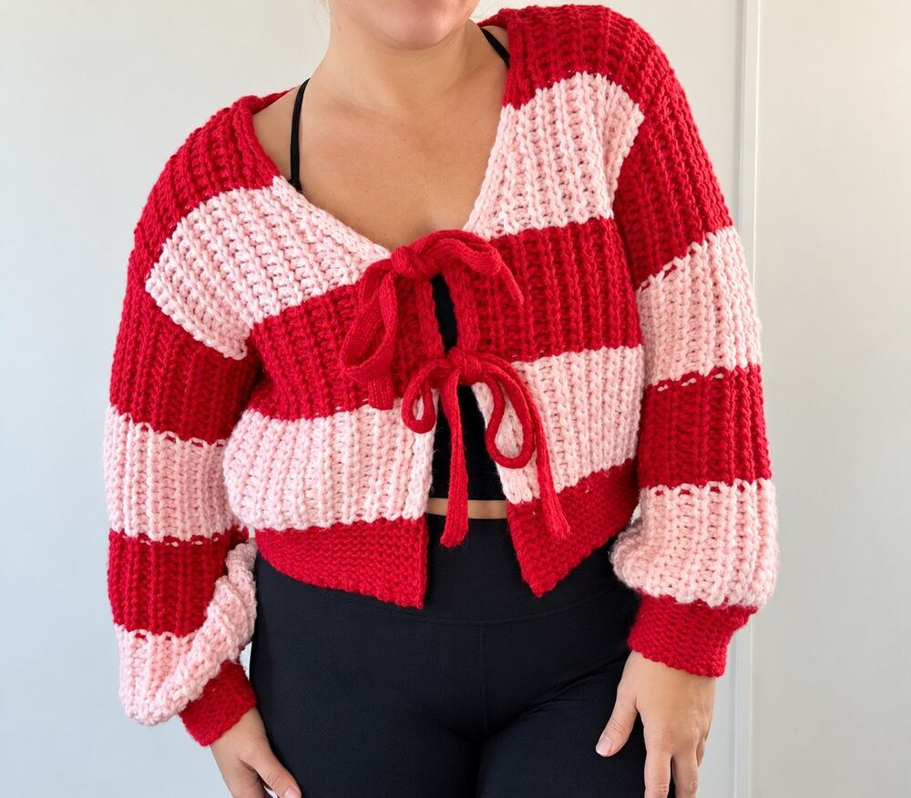 CIDER XS Pink Red Striped Chunky Knit Tie Front Cropped Cardigan Sweater